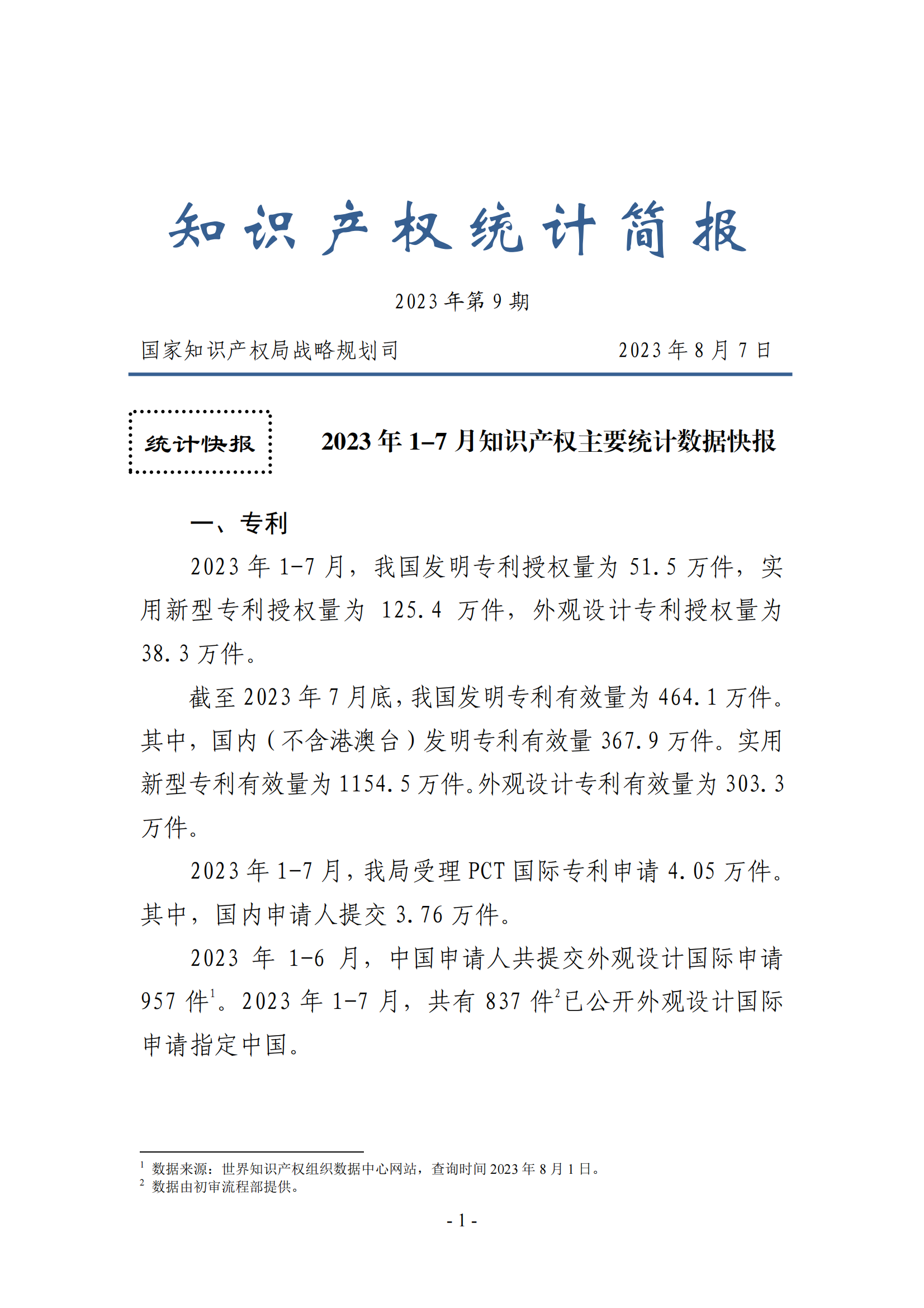 2023年1-7月专利、商标、地理标志等知识产权主要统计数据 