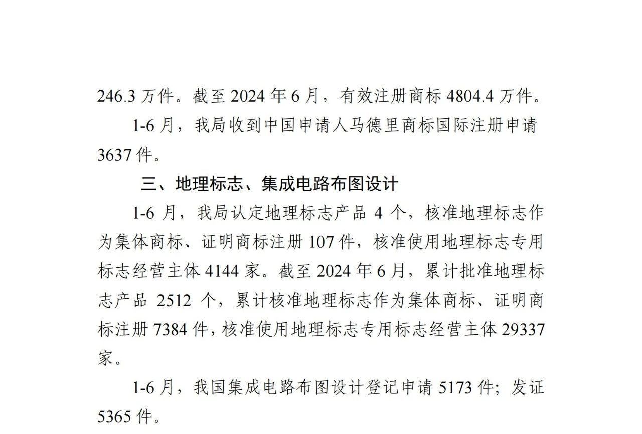 2024年1-6月专利、商标、地理标志等知识产权主要统计数据 